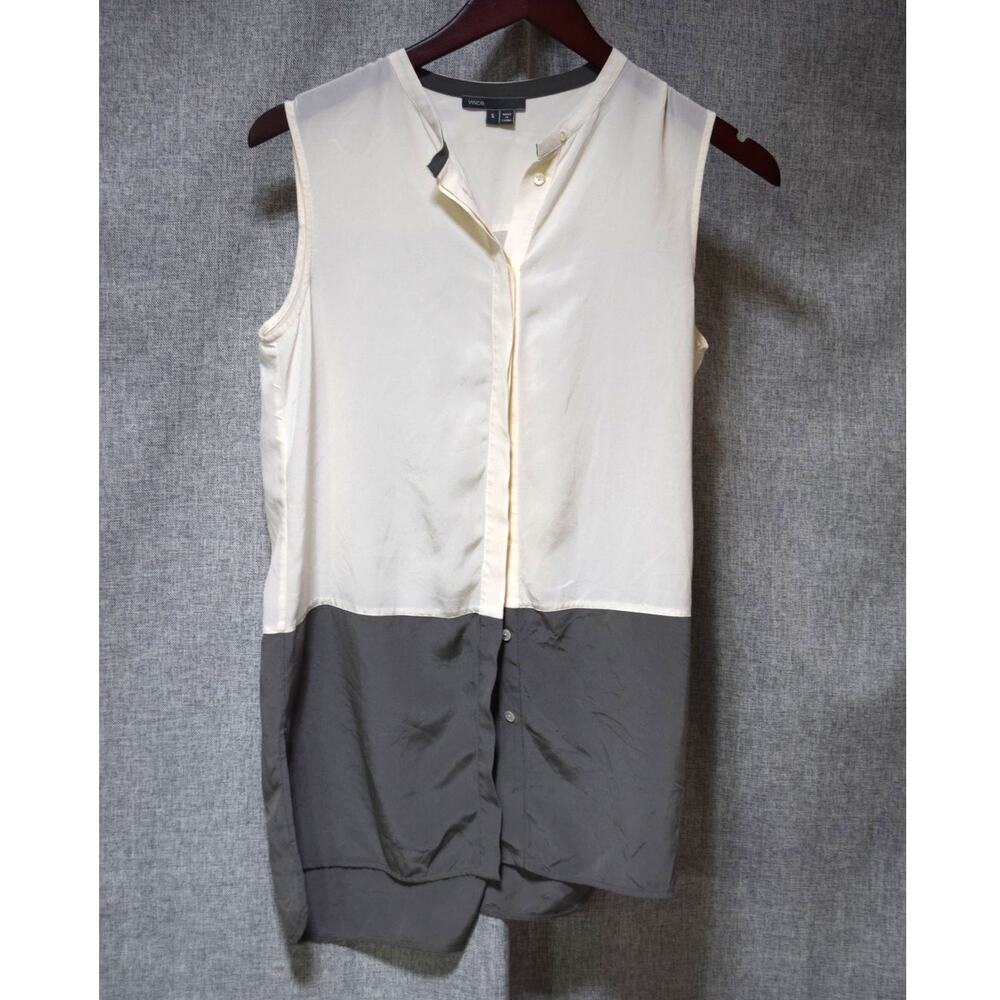 Vince 100% Silk Sleeveless Colorblock Blouse Size Small Cream Gray Tunic Top
